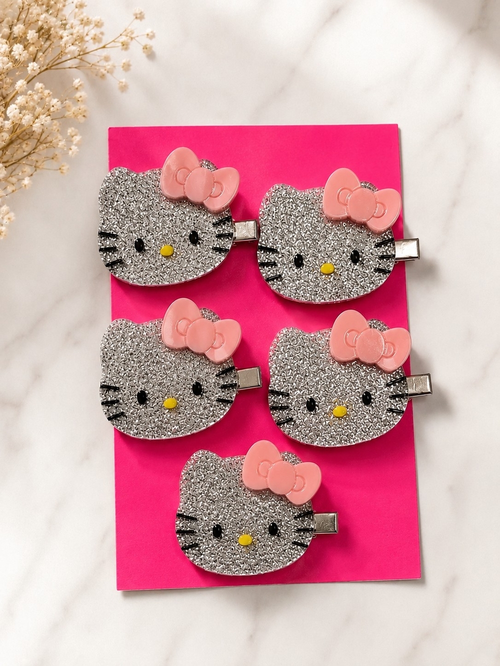 Hello Kitty Set Of 5 Glitter Hair Clips - Pink Bows